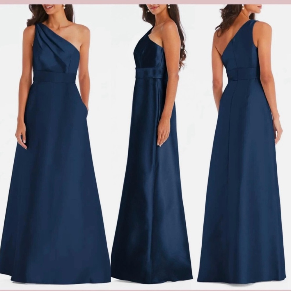ALFRED SUNG One-Shoulder Navy Maxi Gown New without tags